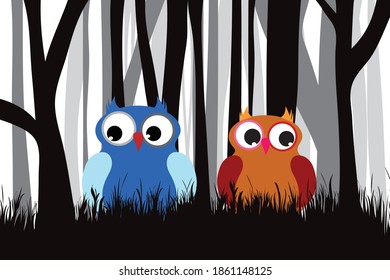Vector silhouette of forest black and white with owls. Symbol of animal.
