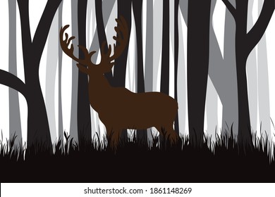 Vector silhouette of forest black and white with deer. Symbol of animal and hunt.

