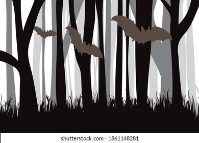 Vector silhouette of forest black and white with flying bats. Symbol of animal and night.