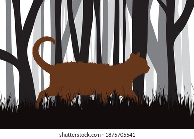 Vector silhouette of forest black and white with cat. Symbol of animal and hunt.