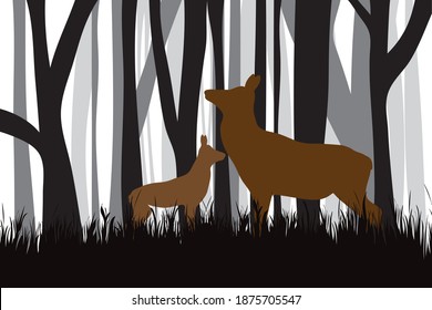 Vector silhouette of forest black and white with hind and baby. Symbol of animal and hunt.