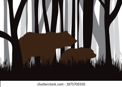 Vektorsilhouette aus Wald schwarz-weiß mit Bärenfamilie. Symbol für Tier und Jagd.