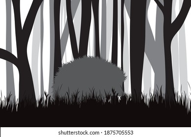 Vector silhouette of forest black and white with hedgehog. Symbol of animal and wild.