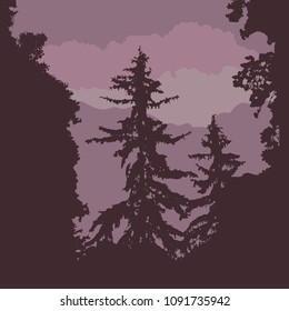 Vector silhouette of a forest with coniferous trees, under a purple sky with clouds, with space for your text