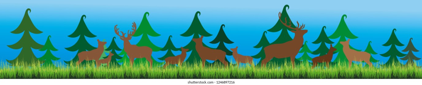 Vector silhouette of forest with deer,hind and baby hind.