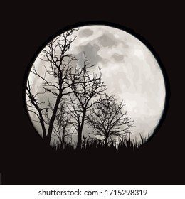 Vector silhouette of forest with moon background. Symbol of night.