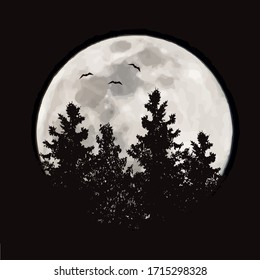 Vector silhouette of forest with moon background. Symbol of night.