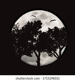 Vector silhouette of forest with moon background. Symbol of night.