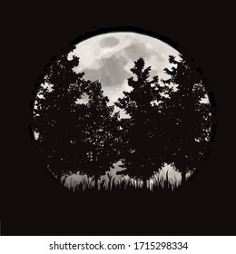 Vector silhouette of forest with moon background. Symbol of night.