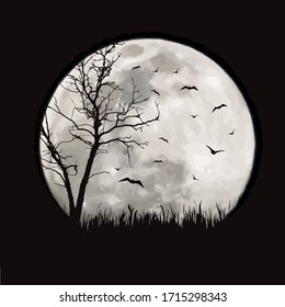 Vector silhouette of forest with moon background. Symbol of night.