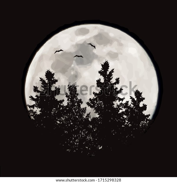 Vector silhouette of forest with moon background.\
Symbol of night.