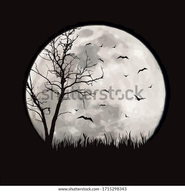 Vector silhouette of forest with moon background.\
Symbol of night.