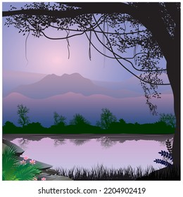 Silueta vectorial de bosque y agua por la noche.