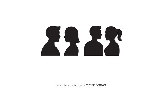 Eine Vektorsilhouette von vier menschlichen Figuren, die in einer Linie stehen und einander paarweise gegenüberstehen. Die Figuren sind mit minimalen Details stilisiert, mit zwei Männern und zwei Frauen basierend auf ihren Frisuren.