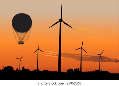 Vector silhouette of four wind turbines and Air Balloon against sunset sky