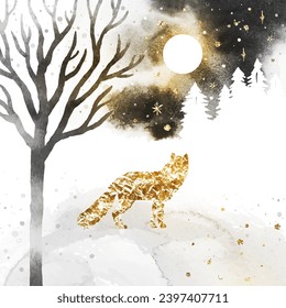 Vector silhouette of fox. Magic watercolor winter landscape with isolated animal, sky, moon, tree and forest in gray and golden colors. Watercolor Christmas vector illustration