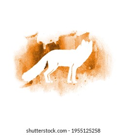 Vector silhouette of fox. Watercolor print with isolated animal in orange colors. Flat  illustration and watercolor splash. Design of a t-shirt, pillow, poster, bag, banner