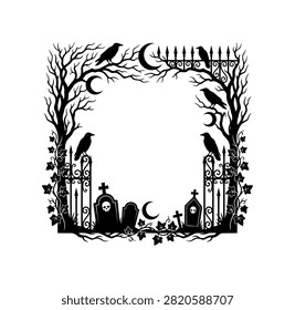 A vector silhouette frame depicting a haunted cemetery scene with gravestones crows and crescent moons. Ideal for seasonal invitations or graphic design.