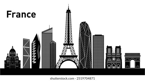 Una silueta de Vector de un horizonte de la ciudad de Francia, perfecta para la marca arquitectónica, promociones de viajes o diseños personalizados. Totalmente editable para una variedad de proyectos creativos