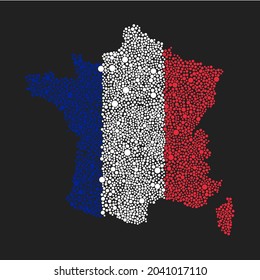 Vector silhouette France with national flag from color dots isolated on background. Abstract template map Europe country flag for design, illustration, pattern, infographic, backdrop. Symbol France