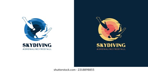 Vector silhouette of freefalling person with abstract sun background, skydiving sport logo design