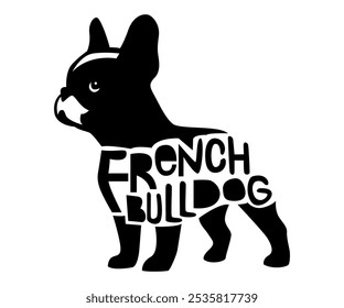 a vector silhouette of a french bulldog with a text inside the body