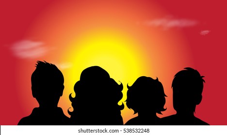 Vector silhouette of friends in nature at sunset.