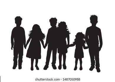 Vector silhouette of children´s friends on white background. Symbol of child, girl,siblings,sister,boy, brother.