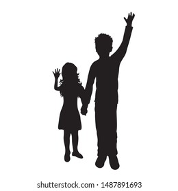 Vector silhouette of children´s friends on white background. Symbol of child, girl,siblings,sister,boy, brother,free, funny.