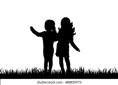 Vector silhouette of friends on white background.
