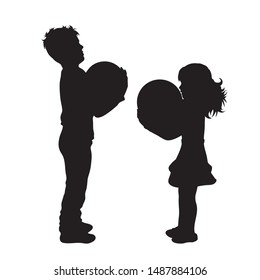 Vector silhouette of children´s friends who play with balloon on white background. Symbol of child, girl, boy,siblings, sister,brother, play, game.