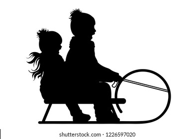 Vector silhouette of friends who sledding on snow toboggan.