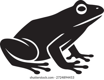 Vektorsilhouette eines Frosches in Schwarz. Einfache Amphibienform einzeln auf weißem Hintergrund. Ideal für Wildtierthemen, Natursymbole, Logos, Bildung und Designprojekte.
