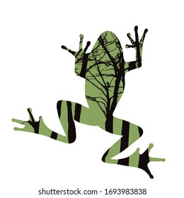 Vektorillustration Silhouette von Frosch mit Bäumen auf Hintergrund. Symbol des Waldes.