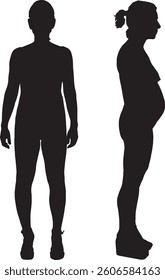 Vector; silueta de la vista frontal y lateral de la mujer embarazada de pie