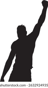 vector; silhouette front view african man standing with one arm raised showing victory