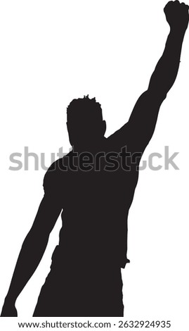 vector; silhouette front view african man standing with one arm raised showing victory