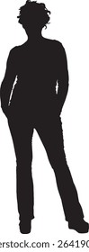 vector; silhouette of a front view of cool woman standing, looking at camera and hand on pockets