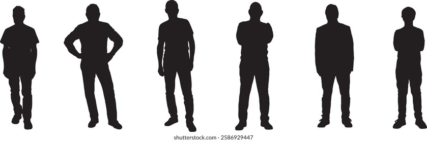 vector; silhouette of front view of group of man standing