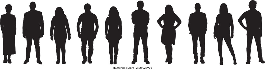 vector,  silhouette of front view of a group  of woman and man standing