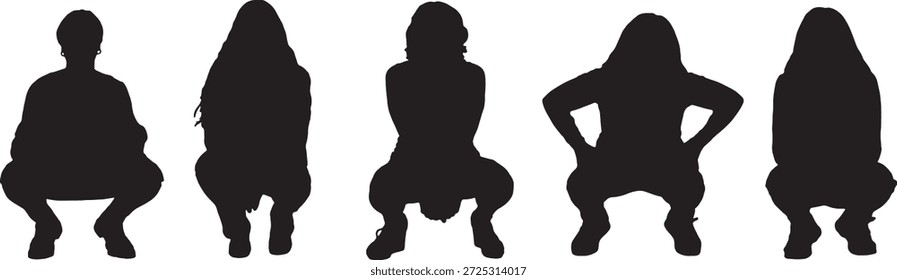 vetor, Silhueta de vista frontal de um grupo de mulheres de cócoras