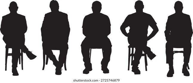 vector, silhouette of front view of a group  of man sitting on chair