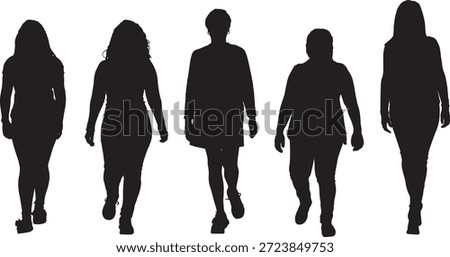 vector, silhouette of front view of a group  of women walking