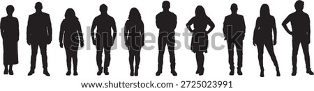 vector,  silhouette of front view of a group  of woman and man standing