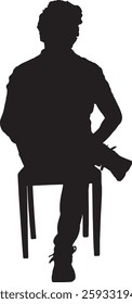 vector; silhouette; front view of man with curly hair sitting on a chair