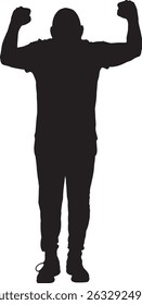 vector; silhouette front view  man standing with two arm raised showing victory