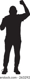 vector; silhouette front view  man standing with one arm raised showing victory