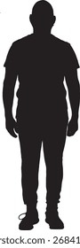 vector, silhouette of a front view of a  man standing dressed in sportswear