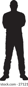 vector, silhouette of  front view of a man standing arms crossed looking at camera
