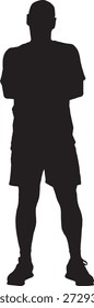 Vektor, Silhouette der Vorderansicht eines Mannes, der in Shorts gekleidet steht, T-Shirt und Turnschuhe und gekreuzte Arme